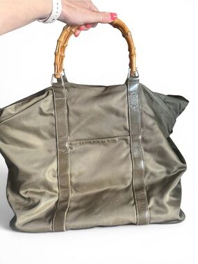 Gucci Vintage Bamboo Handle Nylon Large Shopper Tote in Olive Green